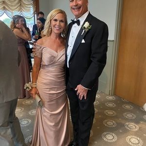 La Femme Off the Shoulder Beaded Satin Trumpet Gown